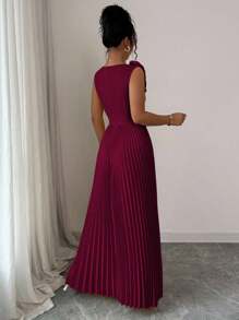 Elenzga Váy chữ A thanh lịch cổ chữ V thắt eo màu vàng kem họa tiết hoa chắp vá dành cho nữ, mùa hè - Màu Đỏ Sâu - Xem 2