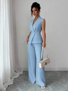 Elenzga 女士优雅办公室通勤下午茶派对套装，有领不对称下摆无袖西装外套，带金属腰扣装饰，搭配弹力腰裤，两件套西装，春夏 - 藍色 - 查看 5