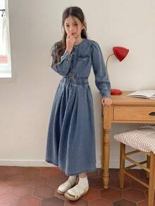 Hapijoa 青少年女孩纯色圆领泡泡袖长袖单排扣牛仔套装