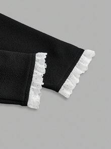 SHEIN MOD Đầm dài vừa phải thanh lịch, cổ tròn, tay dài, cài nút, viền bèo màu khối cho nữ, Đầm đen cho nữ, Đầm cài nút, Đầm thắt lưng, Đầm đen tay dài, Quần áo mùa thu cho nữ, - màu đen - Xem 5