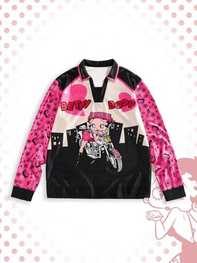 Betty Boop | ROMWE Herren T-Shirt mit pinker und schwarzer Farbblock und Cartoon-Grafik, geeignet als Geschenk für den Freund