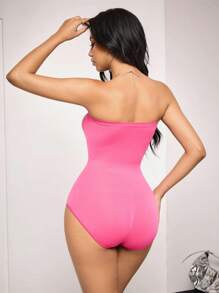 Women Plain Seamless Bandeau Bodysuit - Hot Pink - View 3
