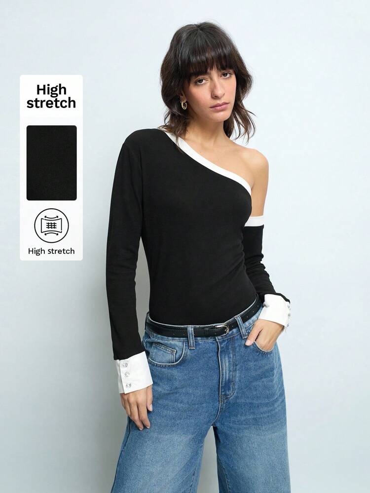 SHEIN Maija Women's Asymmetrical Oblique Collar Fitted Long Sleeve Shirt With Metal Button Cuffs, Fashion Versatile Casual/Party Top For Spring Festival