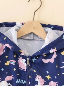 Back To School Fall Clothes  Girls (Small) New Spring/Autumn Navy Blue Unicorn Print Zip-Up Hooded Casual Cute Jacket Winter