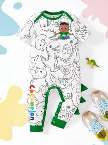 CoComelon X SHEIN 男婴恐龙全身印花撞色边连体裤 - 綠色 - 查看 1