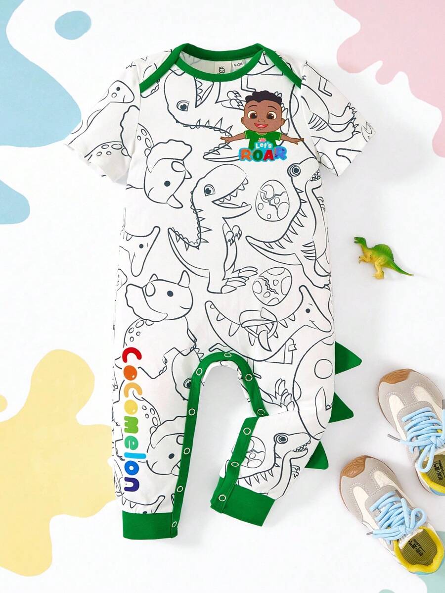 CoComelon X SHEIN 男婴恐龙全身印花撞色边连体裤 - 綠色 - 查看 1