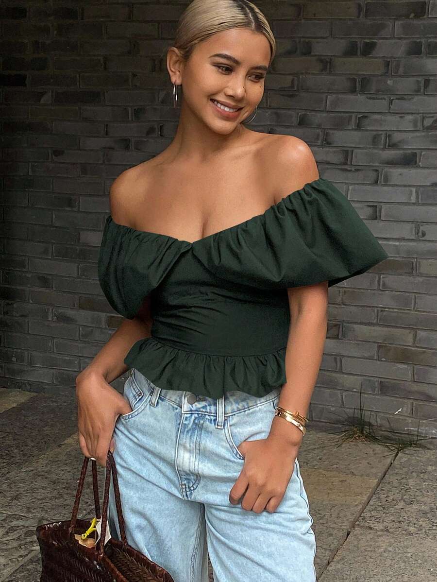 Livesso Blusa corta elegante sin tirantes y hombros descubiertos de unicolor para mujer, ideal para salir en verano - Verde Oscuro - Ver 1