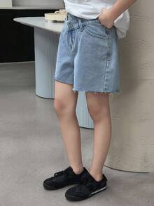 DAZY Teen Girls' Casual Asymmetric Waist Denim Shorts, Summer - Blue - View 2