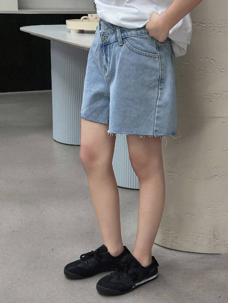 Teen Girls' Casual Asymmetric Waist Denim Shorts, Summer