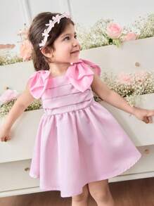 Elegantes Sommerkleid für Mädchen mit süßem Farbblockdesign und Satin-Schleifenverzierung - Pink - Übersicht 7