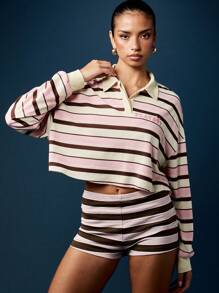 Missguided x Playboy Áo crop top polo tay dài kẻ sọc phong cách retro, cổ bẻ, mặc nhà thường ngày, thời trang đường phố, thích hợp mặc khi chơi bóng bầu dục - Nhiều màu - Xem 3