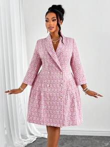 Maweii 大码女式羊毛翻领长袖优雅双排扣褶边西装连衣裙优雅浪漫，正式女装，适合音乐节派对等场景 - 粉色 - 查看 5