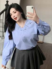 Dazy Plus Plus Size Women Loose Lace V-Neck Long Sleeve Blue Casual Shirt