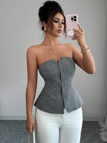 Chiquease Casual Sexy Open Front Zip Up Herringbone Texture Women Crop Top - Black and White - View 5