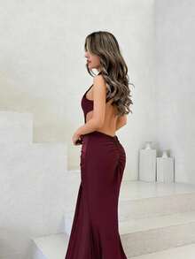 Jemour Women's Elegant Party Long Sleeve Sexy High Neck Backless Dress With Metal Buckle Decor, Available In Burgundy And Brick Red, Made Of Stretchy Knit Fabric, Suitable For Cocktail Party, Romantic Date, Autumn/Winter Casual Wear, Wedding, Bridesmaid, Formal Party, Halloween, Christmas, Dress, Dresses For Women,Summer Dresses For Women,Tea Party Dress - Burgundy - View 6