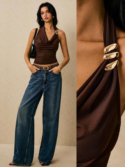 Poéselle Brown Top, Swing Collar Design,Halter Neck Design,Women's Summer Metal Decor Halter Stylish Sexy Camisole,Simple And Fashionable, Old Money Style, Smooth Fabric, Suitable For Daily Wear, Going Out, Commuting, Holidays, Dating, Parties, Banquets And Other Occasions Brown Tank Top Women Dark Brown Top Chocolate Brown Top Coffee Brown Top Brown Halter Top,Poeselle,Off The Shoulder Top