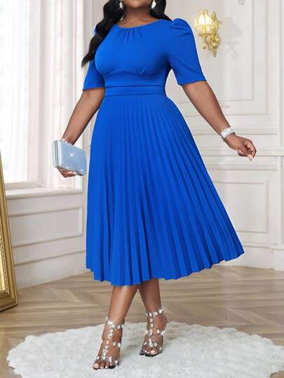 SHEIN Lady 2025 New Clothing Spring, Summer, Autumn And Winter Knitted Blue Round Neck Pleated Puff Sleeves Waisted A-Line Pleated Mid-Length Sundress Plus Size Dress Fall Women Clothes Back To School Plus Size Royal Blue Dress Plus Size Pleated Dress Plus Size Cocktail Dress Royal Blue Pleated Dress Plus Size Curve Blue Dress Wedding Guest Dress Women Teacher Outfits For Women Business Casual Woman Office Outfits For Women Homecoming Dress Vacation Outfits Woman Beach Outfits For Woman Formal Dresses For Women Dresses For Women Elegant Birthday Dresses For Women Wedding Guest Dress Dresses For Women Party