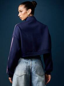 MISSGUIDED Varsity Letter Zip Through Sweatshirt Cropped Track Jacket Full Front Printed Letter Design High Neck Sportswear Fall Winter Loungewear Everyday Casual Wear - Blue - View 2