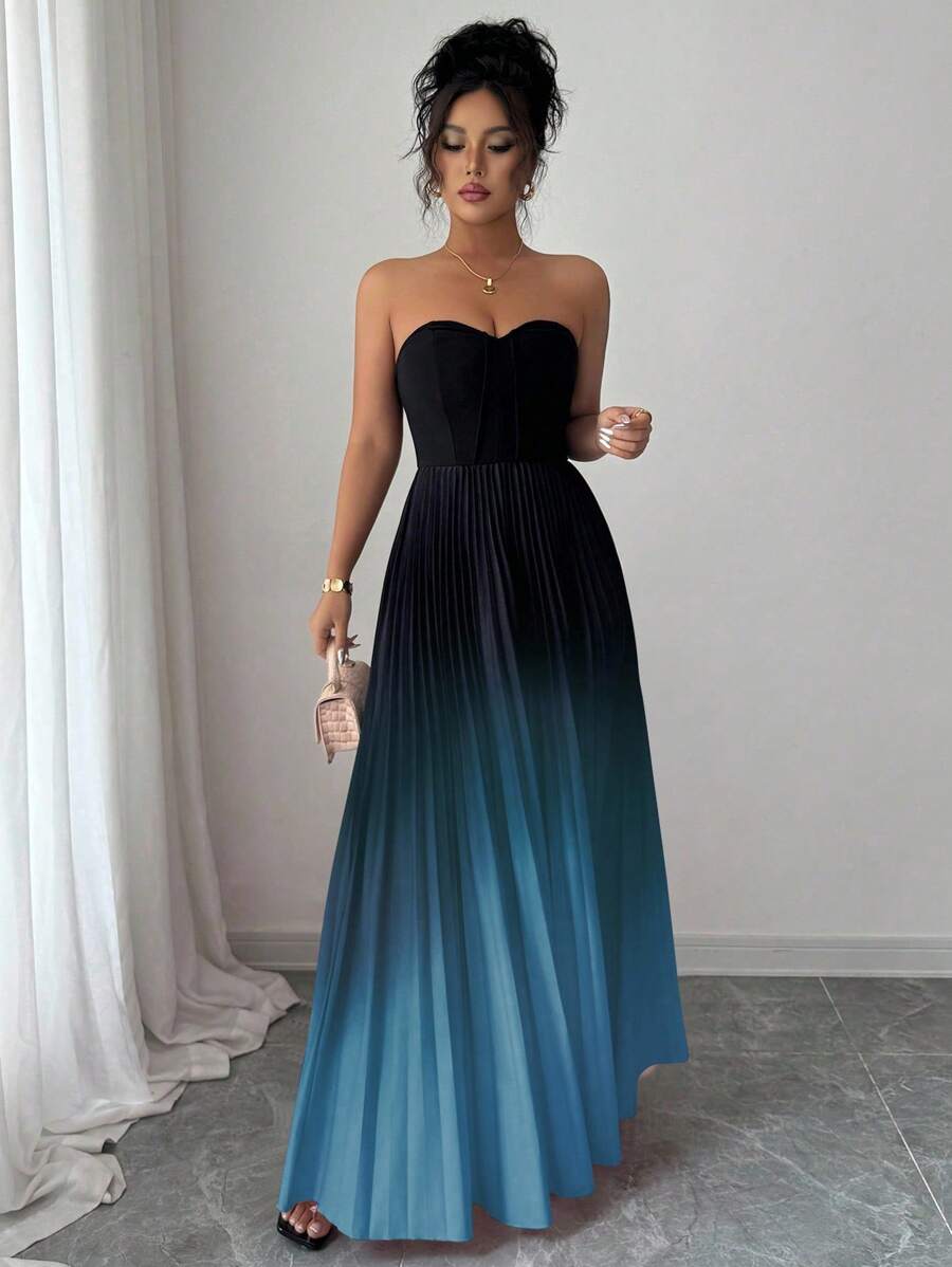 Elenzga 渐变色优雅浪漫褶饰腰部 A 字形下摆露肩连衣裙 - 彩色 - 查看 1