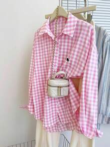 INAWLY Camisa casual de mujer de manga larga, de un solo pecho, con hombros caídos y estampado de cuadros, para verano - Rosa - Ver 1