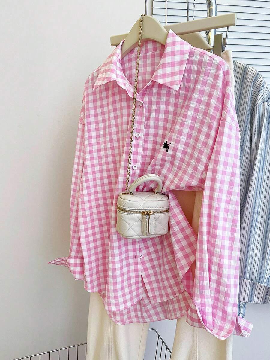 INAWLY Camisa casual de mujer de manga larga, de un solo pecho, con hombros caídos y estampado de cuadros, para verano - Rosa - Ver 1