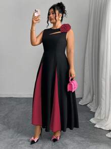 Modelyn Váy chữ A cổ tròn màu đen họa tiết hoa 3D màu hồng cỡ lớn - Nhiều màu - Xem 3