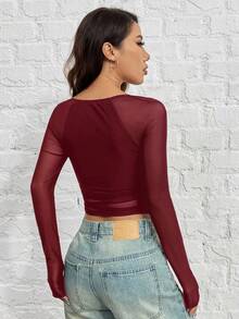 SHEIN EZwear Camiseta ajustada de malla burdeos transparente y sexy para mujer, top de malla burdeos transparente, top corto transparente, tops de otoño