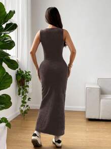 SHEIN EZwear 做旧雪花印花无袖中长连衣裙 - 棕色 - 查看 2