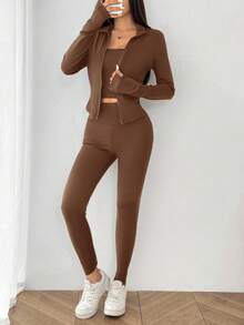 SHEIN EZwear Brown Knit Women's Long Sleeve Jacket, Fitted Vest And Leggings Sports Suit,Fall 3 Piece Sets Woman Legging Two Piece Set - Brown - View 7