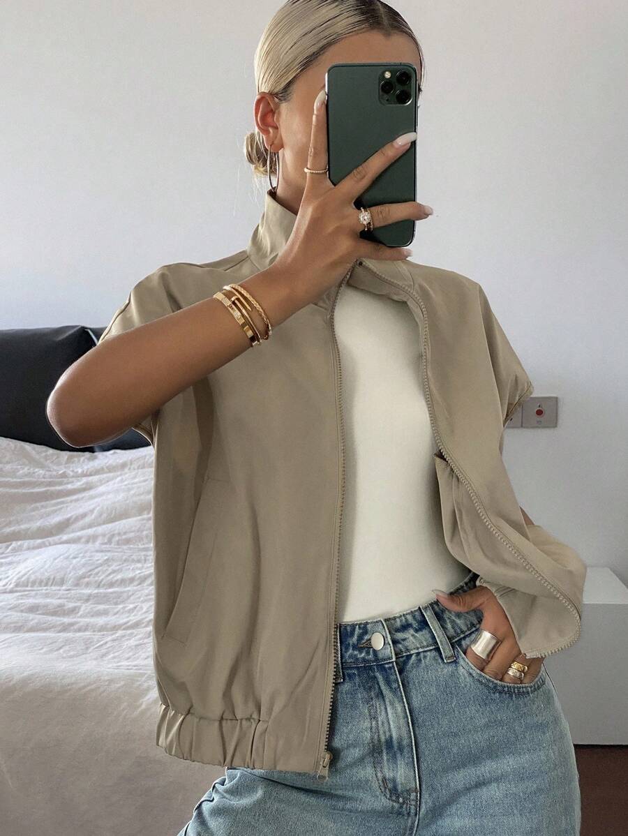 DAZY Women's Sleeveless Casual Stand Collar Zip Up Jacket Thin Outerwear Vest - Khaki - View 1