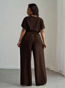 Slaydiva Bộ đồ nữ cỡ lớn mùa Xuân/Hè mới gồm 2 món - Áo croptop tay raglan rộng màu xanh lá cây có dây rút ở gấu áo và quần ống rộng có túi. - màu nâu - Xem 6