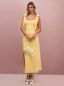 Enchnt Fall/Summer Romantic Women's Butter Yellow Bowknot Shoulder Sleeveless Split Maxi Dress - Yellow - View 5