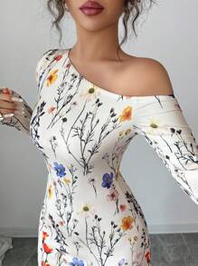 Elenzga Standard Size Women's Elegant Floral Print Asymmetrical Shoulder Dress Fall Cloth For Women - Apricot - View 6