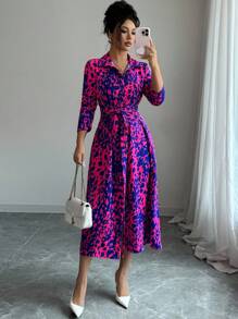 SHEIN LUNE Vestido largo con manga larga y cuello en V profundo con abertura, estampado de moda para mujer, outfit - Multicolor - Ver 6