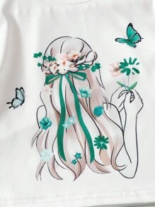 SHEIN Playful Pals 2件套可爱花卉女孩剪影图案连衣裙，适合年轻女孩 - 墨綠色 - 查看 7