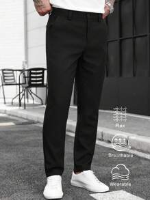 Manfinity CasualCool Men's Casual Commuter Everyday Solid Color Slant Pocket Straight Leg Pants Men Pants Casual Pants For Men Straight Loose Flax Pants Men Breathable Pants Men,Men's Black Versatile Cotton And Linen Blend Straight-Leg Fitted Suit Pants, Casual Long Pants, Men's Pants, Men's Straight-Leg Pants, Fall