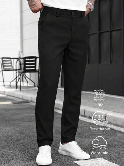 Manfinity CasualCool 男士休闲通勤日常纯色斜口袋直筒裤男裤子男士休闲裤直筒宽松亚麻裤男士透气裤子男，男士黑色百搭棉麻混纺直筒修身西装裤，休闲长裤，男士裤子，男士直筒裤，秋季