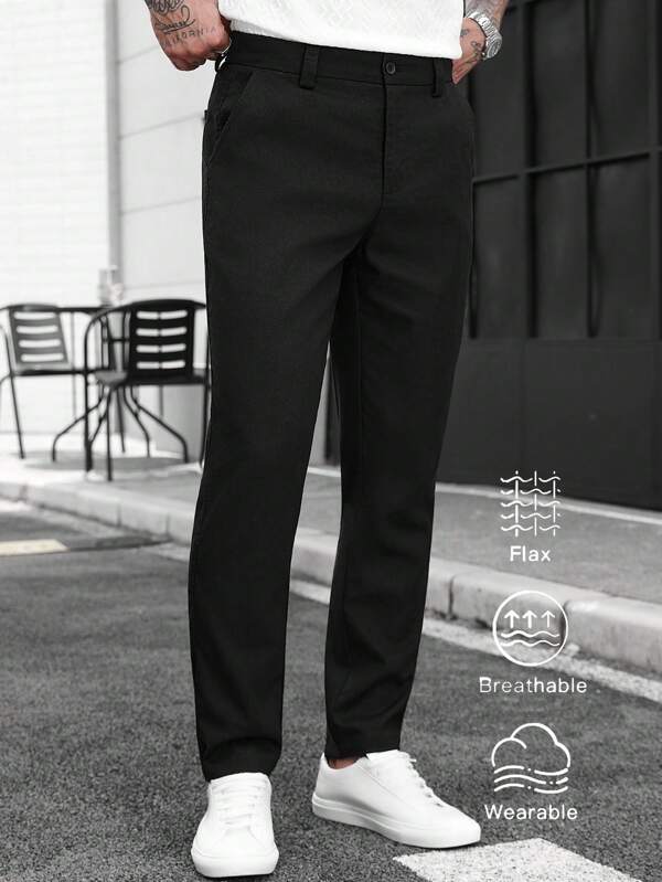 Manfinity CasualCool Men's Casual Commuter Everyday Solid Color Slant Pocket Straight Leg Pants Men Pants Casual Pants For Men Straight Loose Flax Pants Men Breathable Pants Men,Men's Black Versatile Cotton And Linen Blend Straight-Leg Fitted Suit Pants, Casual Long Pants, Men's Pants, Men's Straight-Leg Pants, Fall