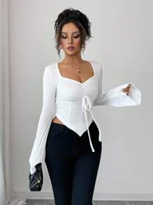 Elenzga Women's Textured Ribbed Drawstring Flare Sleeve Asymmetric Hem T-Shirt Fall Cloth For Women