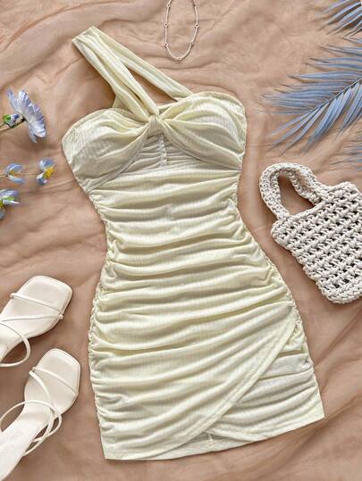 Soleia 新款纹理针织无袖短款绿色连衣裙，度假风格