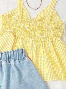 青少年女孩两件套可爱服装套装：休闲黄色格子吊带上衣，搭配雏菊花卉印花和荷叶边下摆，蓝色水洗牛仔雏菊印花迷你裙，活力休闲派对装，春夏 - 黃色 - 查看 5