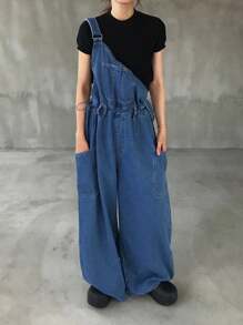 FRIFUL Quần yếm denim ống rộng, dáng rộng, có túi hai bên, có dây rút ở eo dành cho nữ - Màu xanh lam - Xem 7