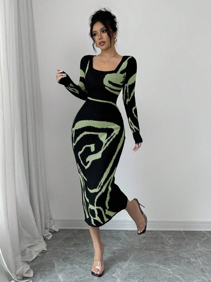 Elenzga Women's Color Block Fitted Waist Flare Sleeve Dress Fall Winter Cloth For Women - Green - View 1