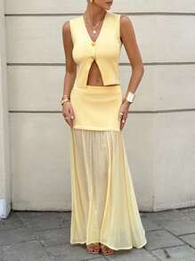 Siren Gaze Ropa de mujer para otoño - Conjunto de mujer casual de negocios - ¡Atuendos de oficina para mujeres! Nuevo lanzamiento 2025 Conjunto de dos piezas de punto amarillo crema con top de cárdigan sin mangas de cuello en V abierto y falda larga maxi. Detalles de botones de metal, perfecto para el trabajo/oficina, casual de negocios, maestro, diario, viajes y salidas a la calle. Imprescindible de la moda de otoño, estilo atemporal de dinero antiguo