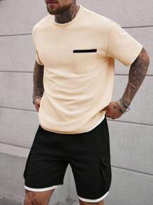 Manfinity Homme Men's Pocket Round Neck Short Sleeve Casual T-Shirt And Drawstring Waist Shorts Set,2pcs Men's Embellished Short Sleeve T-Shirt And Shorts, Men's Solid Color T-Shirt & Shorts Set, Casual Minimalist Everyday Wear White Outfits For Men Men White Outfit Men 2 Pieces Outfit Men Two Pieces Casual,Summer Outfit For Men