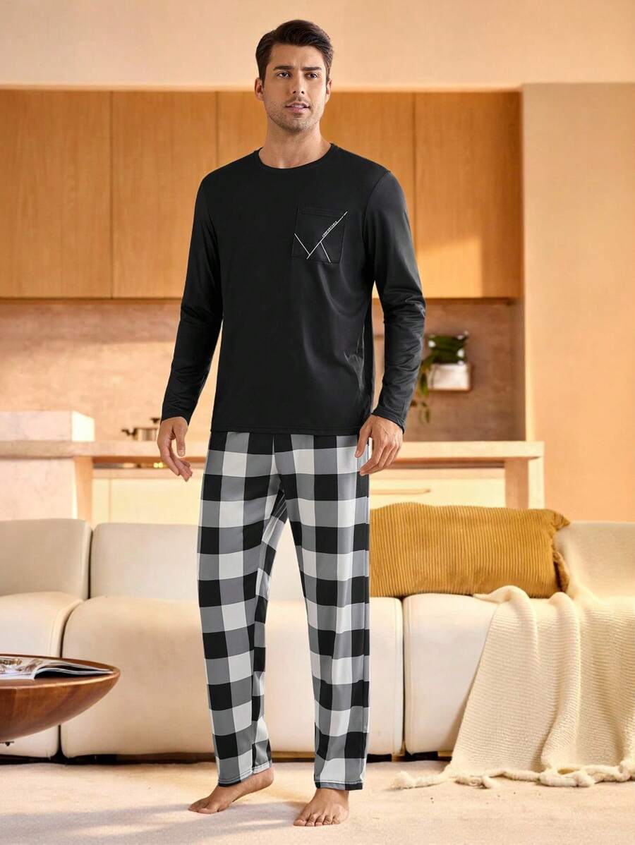 Manfinity Underwear&Sleepwear Basics 男士圆领长袖简约上衣和裤子家居服套装 - 黑色 - 查看 1