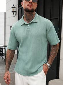 Manfinity Homme Men's Sage Green Knitted Short Sleeve Polo Shirt,High-End Textured Button-Up Collar Golf Shirt,Summer Casual Vacation Wear,Daily Commuting Polo Shirt - Green - View 6