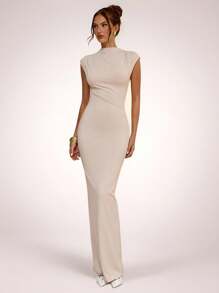 SHEIN BAE Apricot Asymmetric Ruched Bodycon Dress, Elegant Basic Minimalist Long Dress, Spring/Summer,Fall Wedding Guest Dress