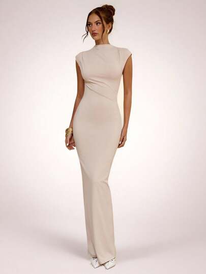 SHEIN BAE Apricot Asymmetric Ruched Bodycon Dress, Elegant Basic Minimalist Long Dress, Spring/Summer,Fall Wedding Guest Dress