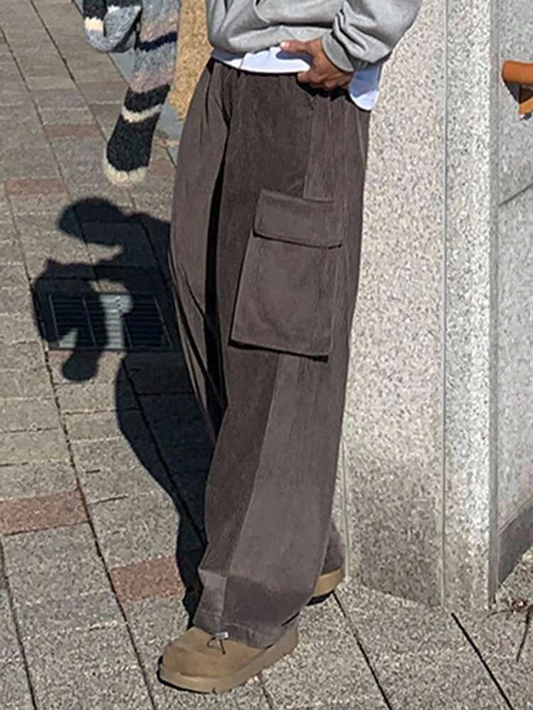 Men's Solid Brown Pants With Large Pockets, Autumn